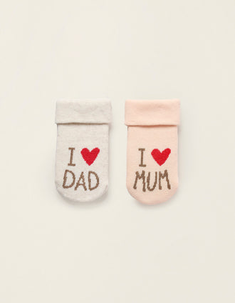 Pack 2 Pairs of Thick Socks for Newborns and Babies 'Mum&Dad', Beige/Pink