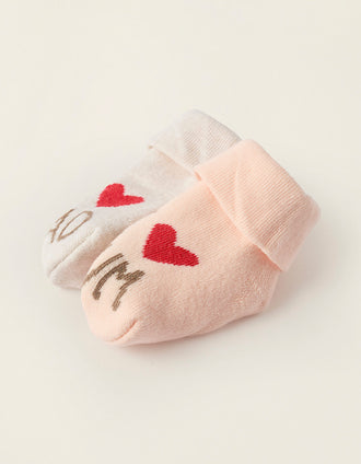 Pack 2 Pairs of Thick Socks for Newborns and Babies 'Mum&Dad', Beige/Pink