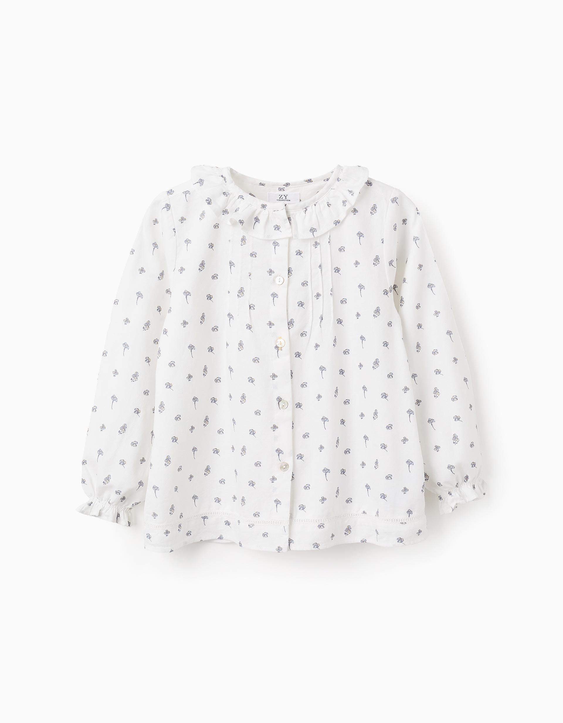 Camisa Floral en Sarga Fina para Niña, Blanco