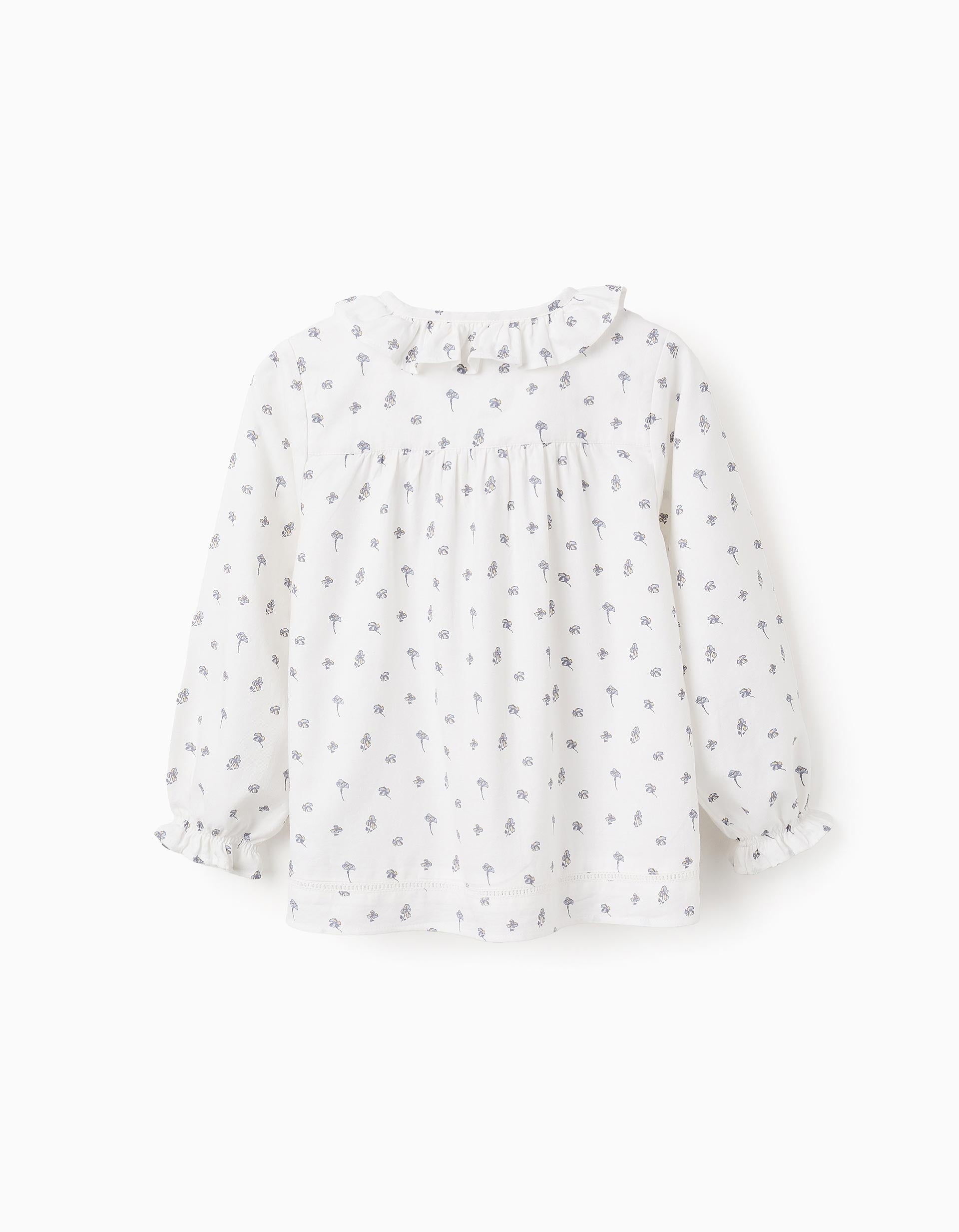 Camisa Floral en Sarga Fina para Niña, Blanco