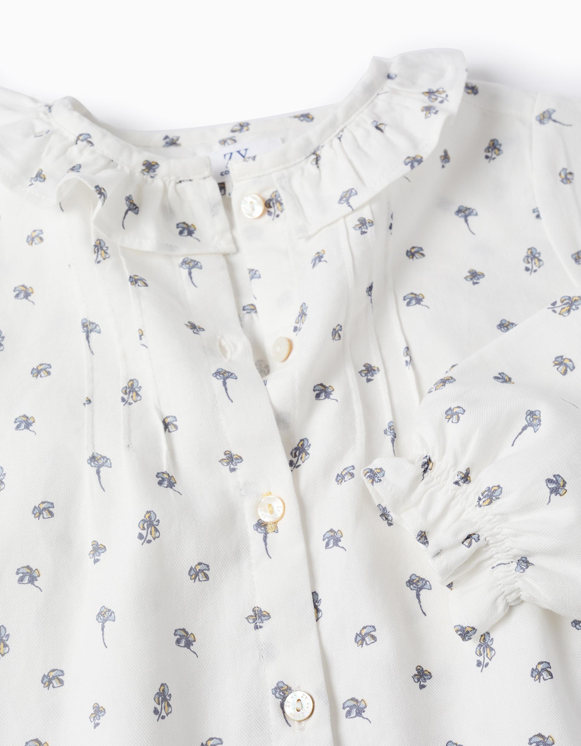 Camisa Floral en Sarga Fina para Niña, Blanco