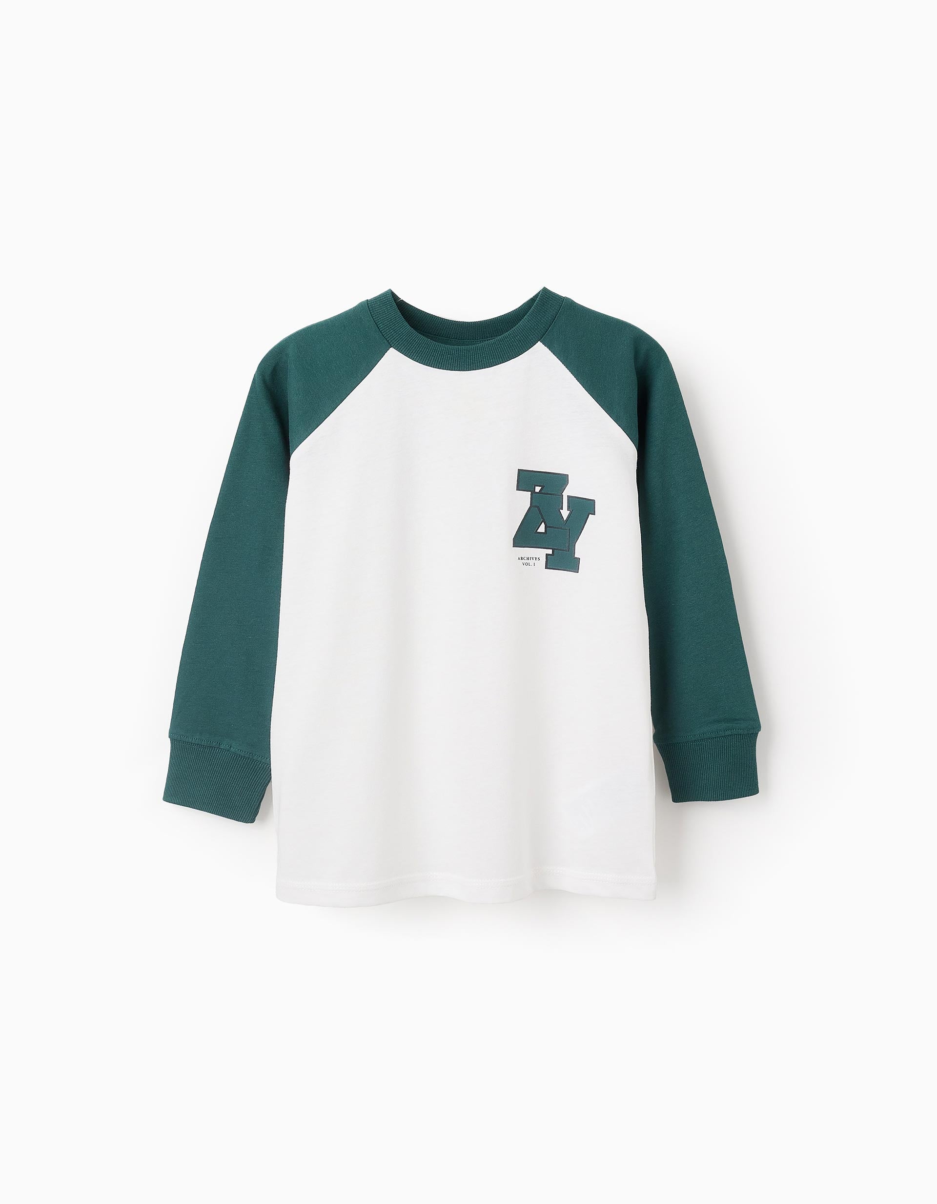 Long-Sleeved Cotton T-shirt for Boys 'ZY Retro', White/Green