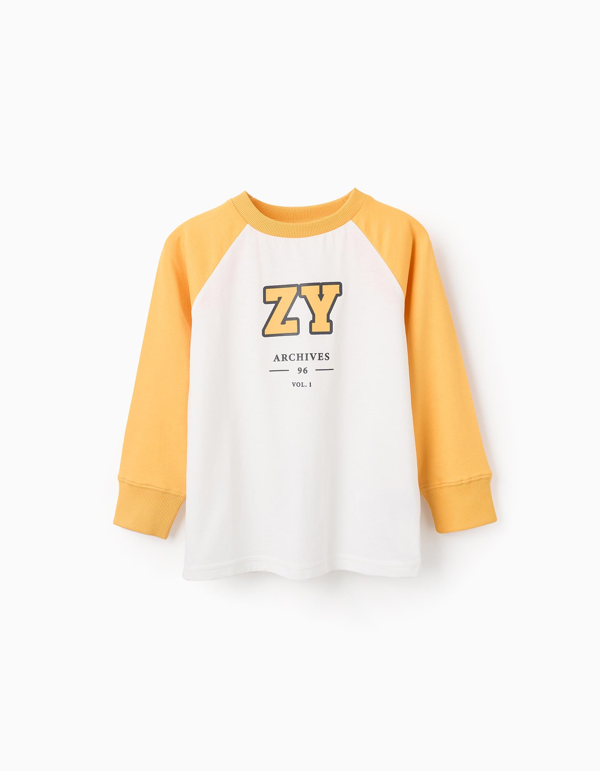 Long-Sleeved Cotton T-shirt for Boys 'ZY Retro', White/Yellow