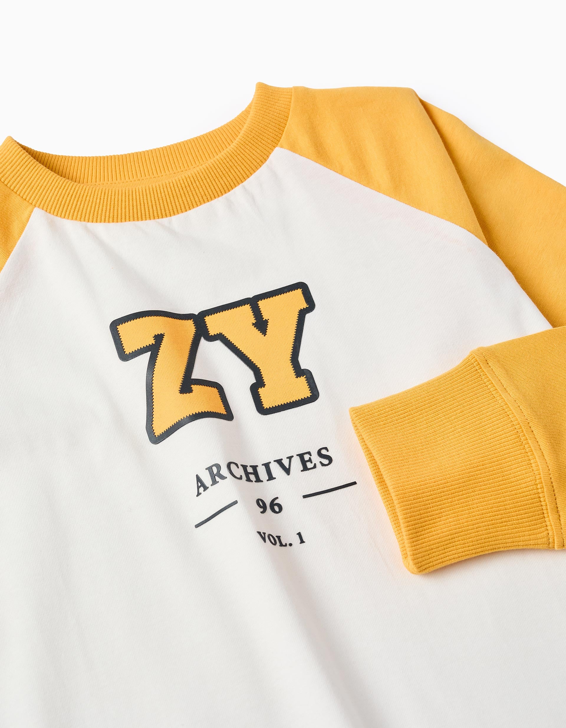 Long-Sleeved Cotton T-shirt for Boys 'ZY Retro', White/Yellow