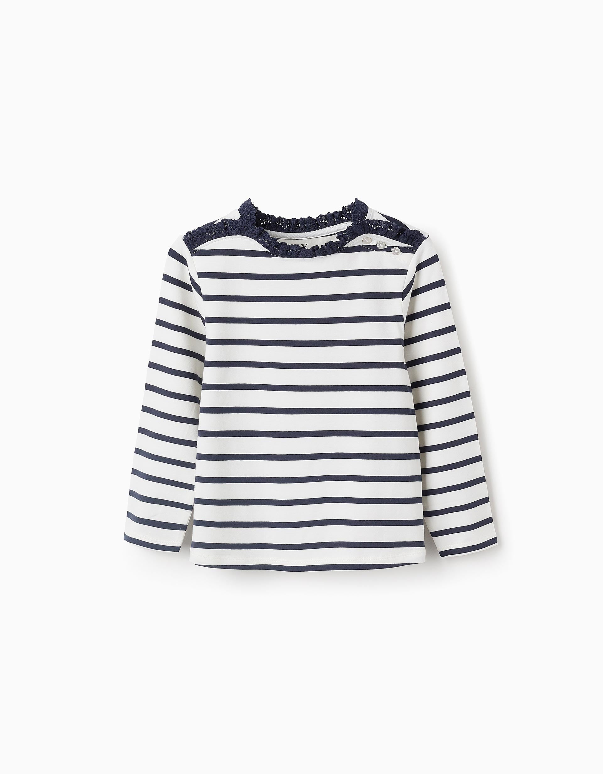 Striped T-shirt with Lace Collar for Girls, White/Blue