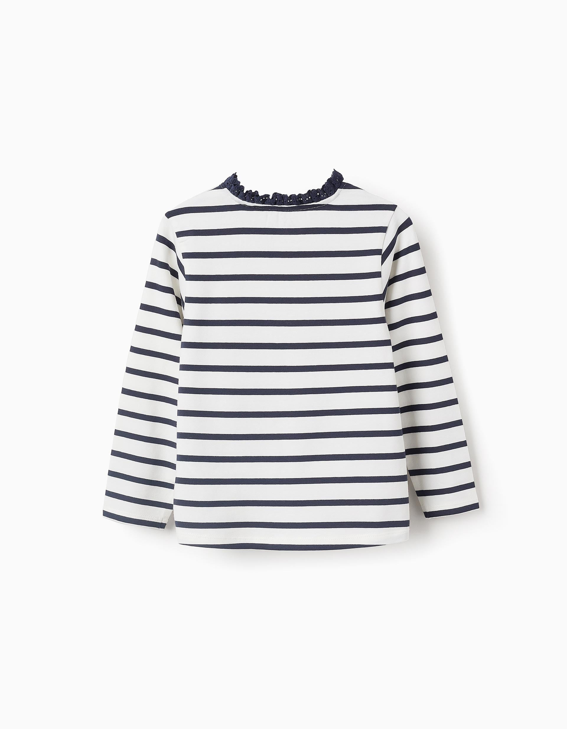 Striped T-shirt with Lace Collar for Girls, White/Blue