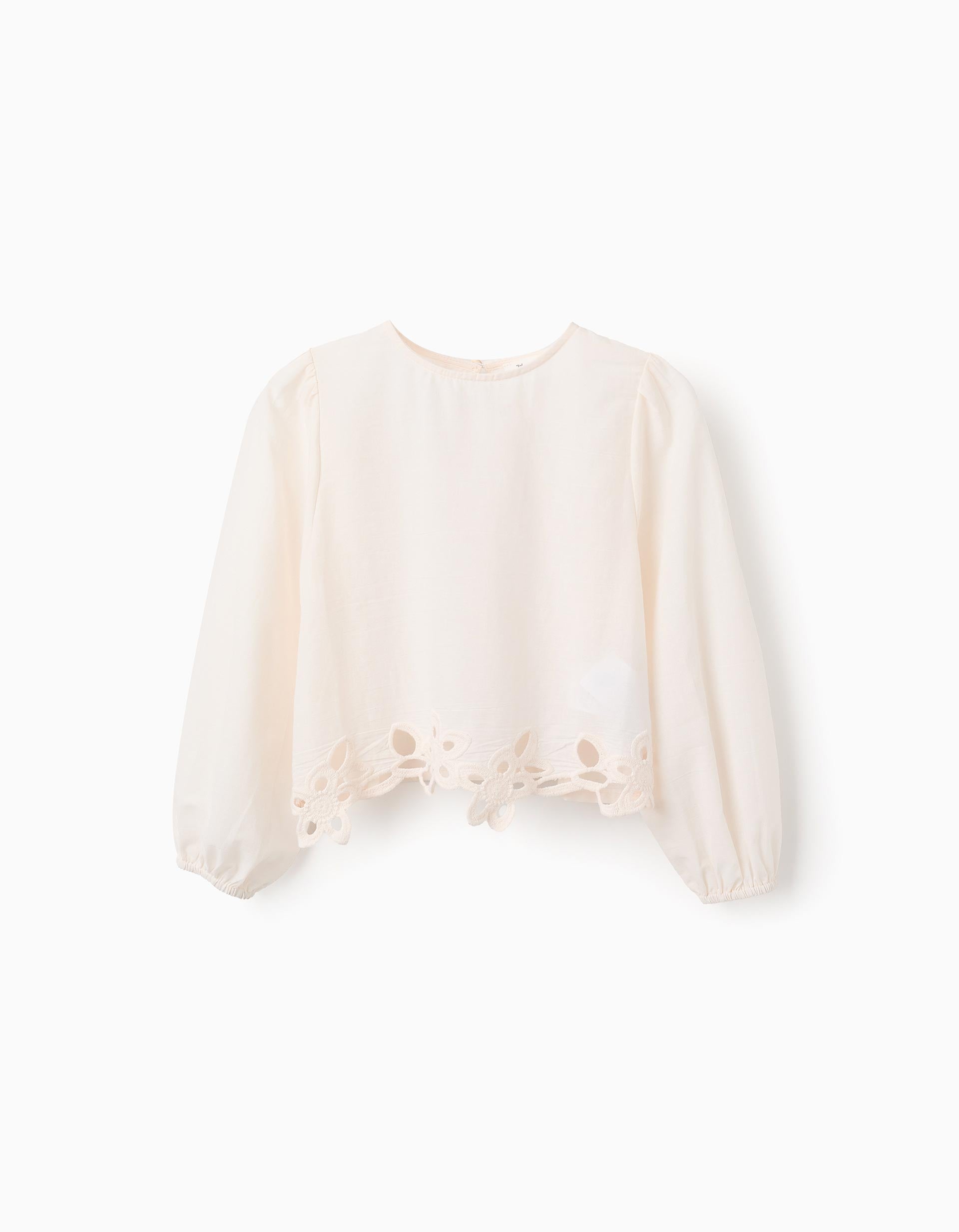 Blusa Ligera de Algodón con Bordados para Niña, Beige