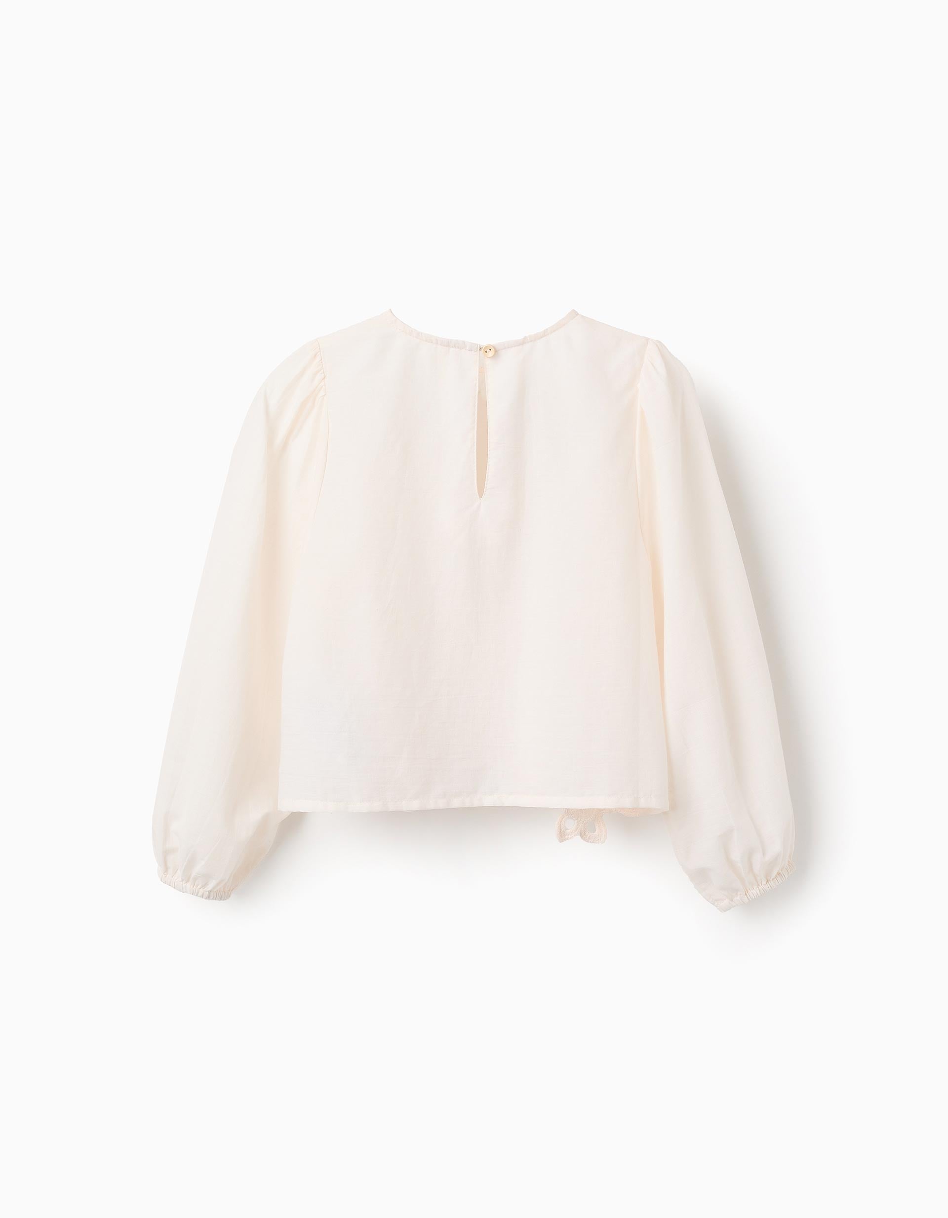 Blusa Ligera de Algodón con Bordados para Niña, Beige