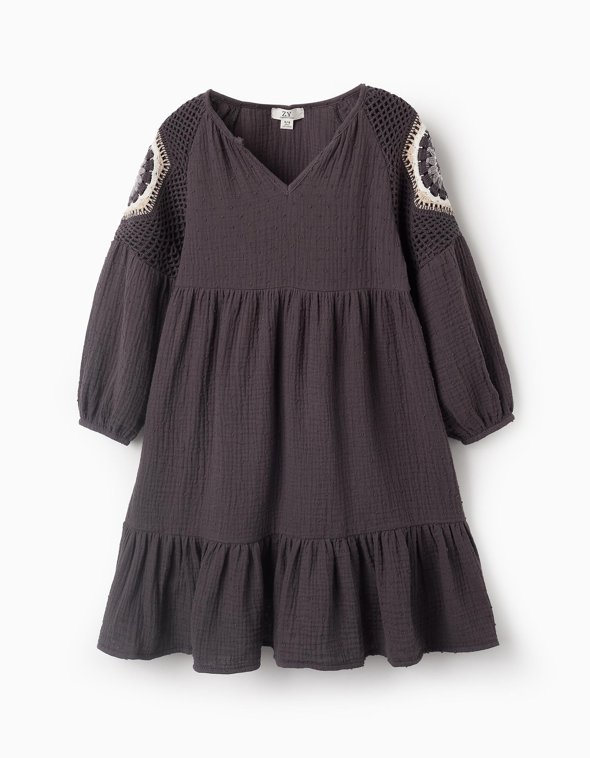 Vestido de Bambula con Crochet para Niña, Gris