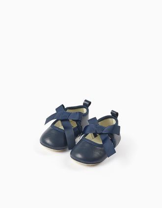 Satin Bow Ballerina Flats for Newborn Girls, Dark Blue