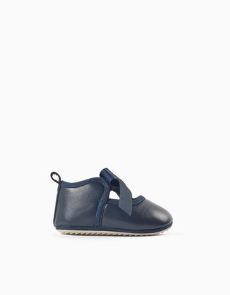 Satin Bow Ballerina Flats for Newborn Girls, Dark Blue