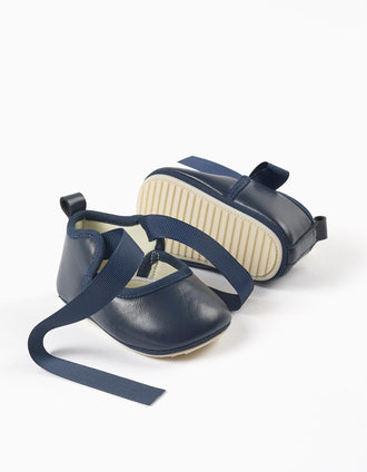 Satin Bow Ballerina Flats for Newborn Girls, Dark Blue