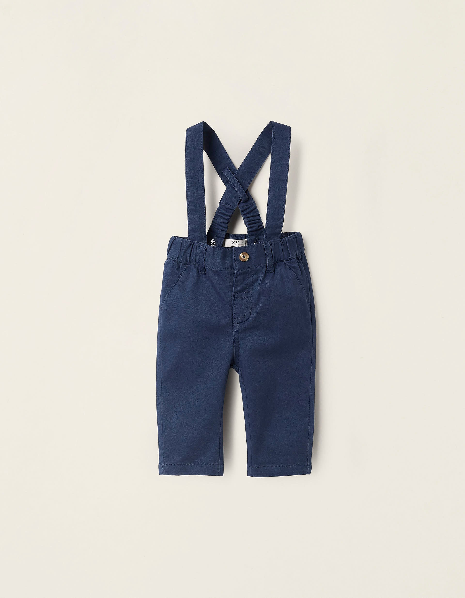 Twill Trousers with Removable Straps for Newborns, Dark Blue