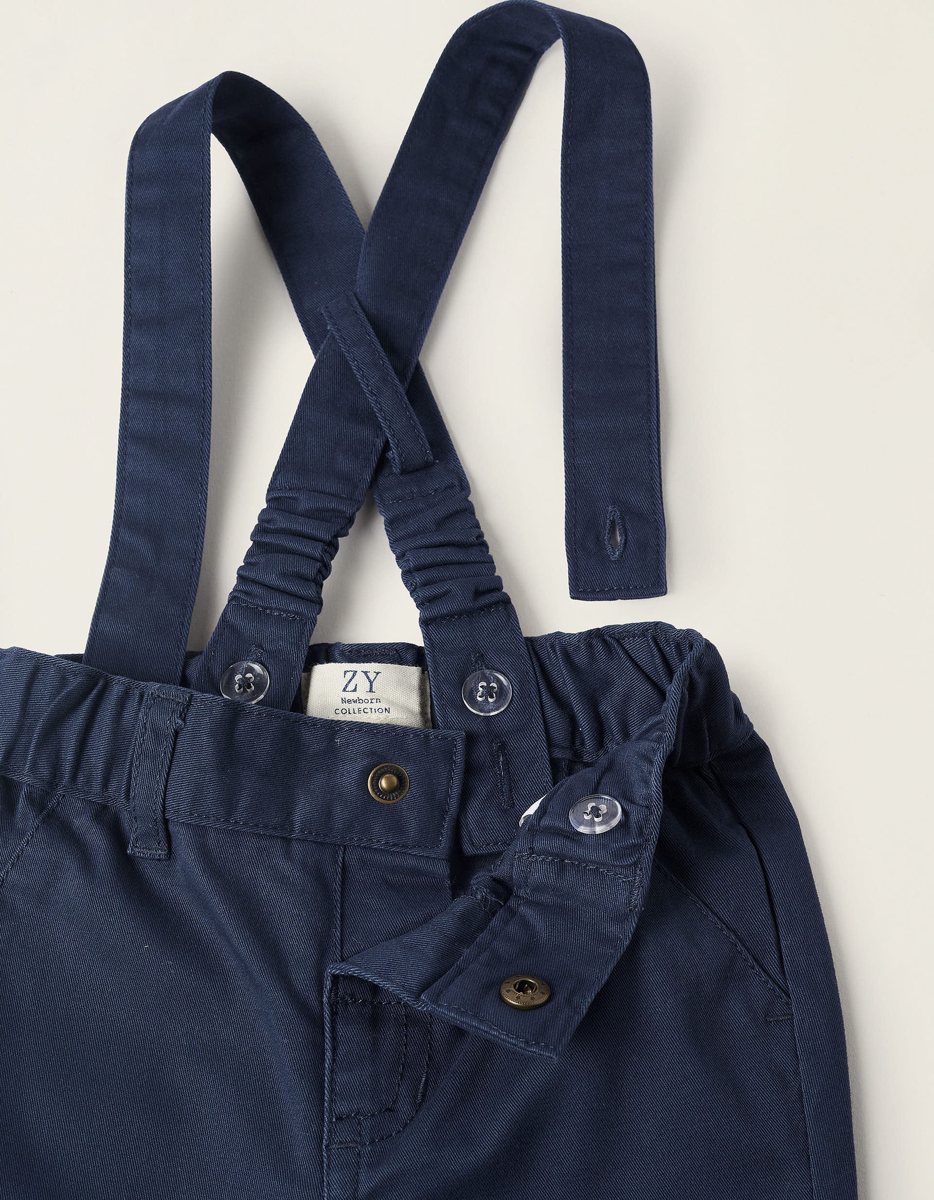 Twill Trousers with Removable Straps for Newborns, Dark Blue