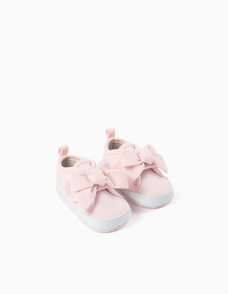 Sapatilhas de Tecido com Laço para Recém-Nascida, Rosa
