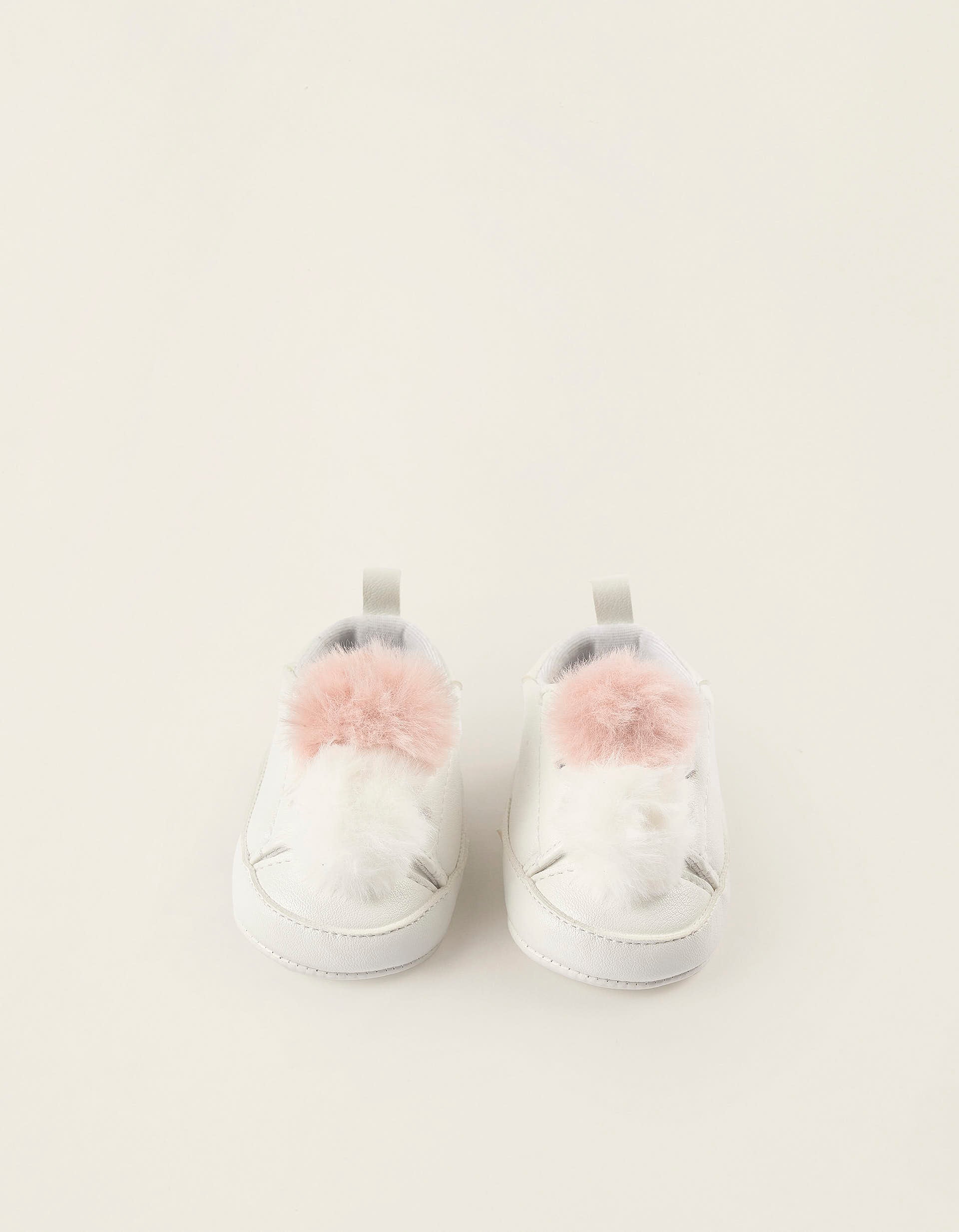 Zapatillas con Pompones para Recién Nacida, Blanco/Rosa