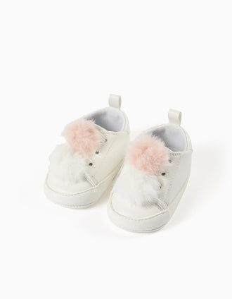 Zapatillas con Pompones para Recién Nacida, Blanco/Rosa