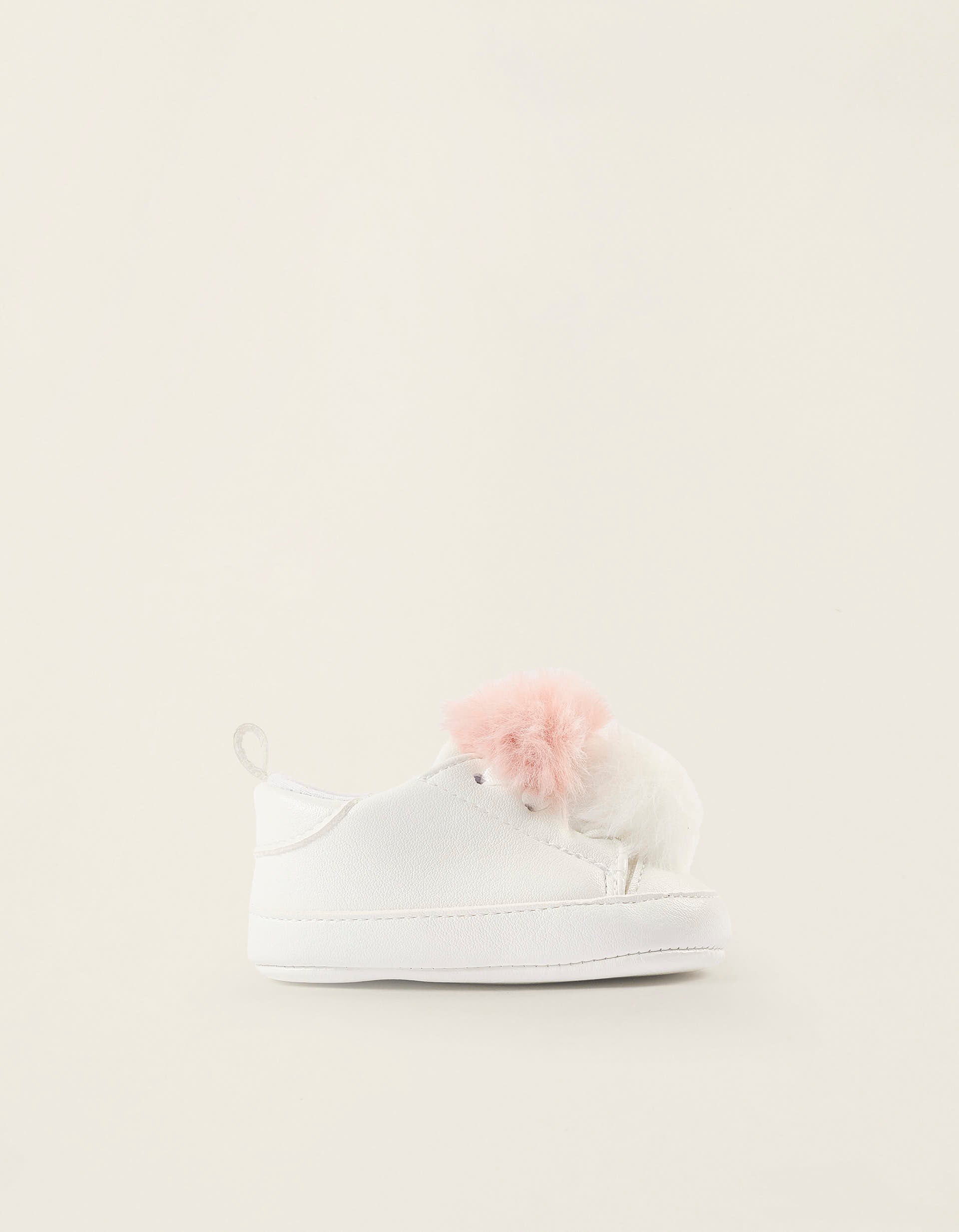 Zapatillas con Pompones para Recién Nacida, Blanco/Rosa