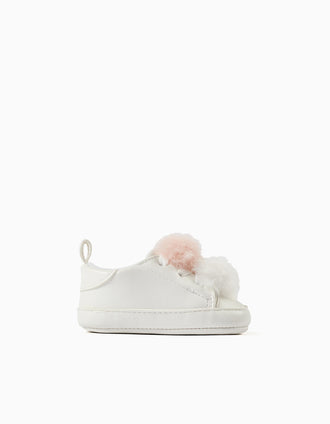Zapatillas con Pompones para Recién Nacida, Blanco/Rosa