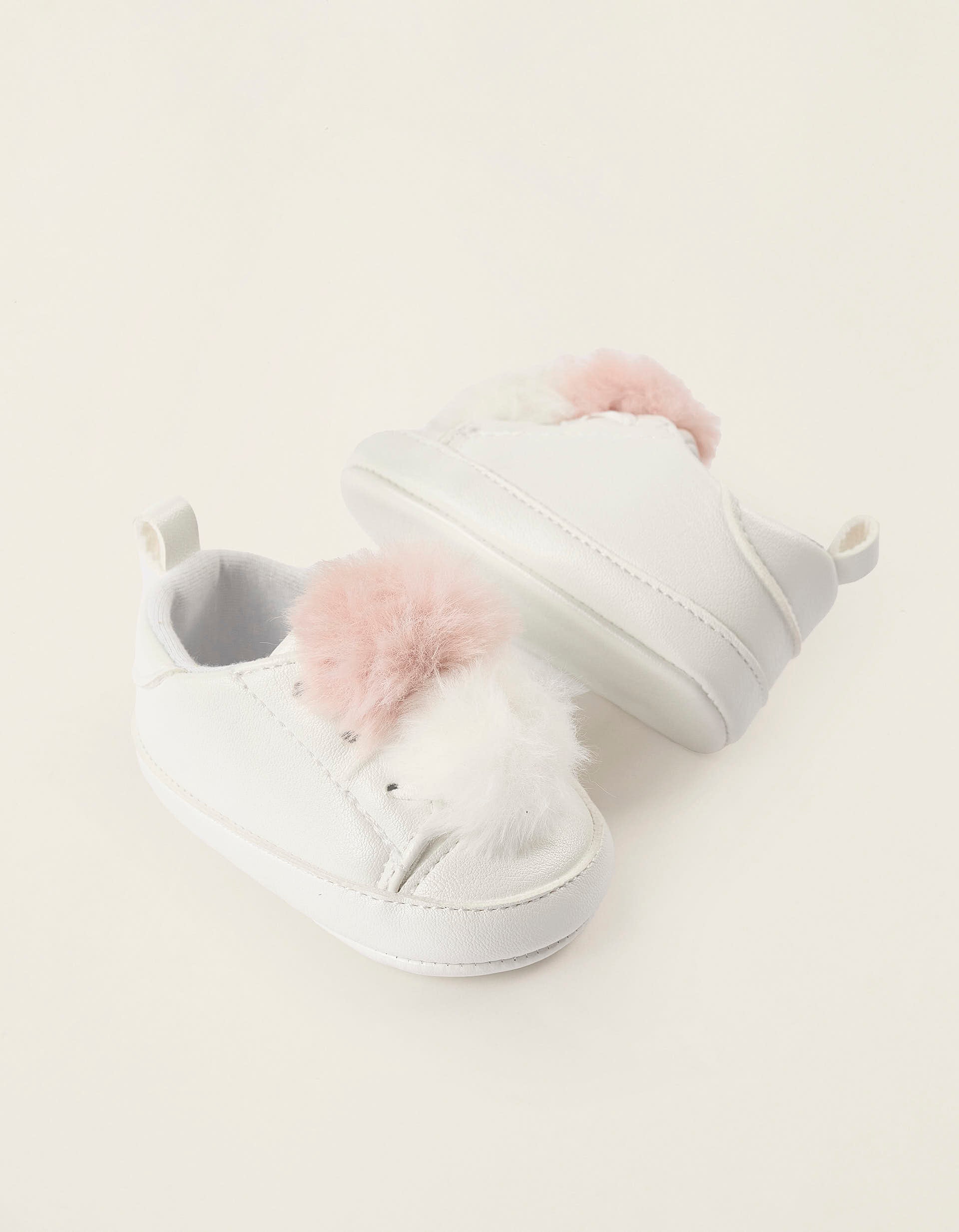 Zapatillas con Pompones para Recién Nacida, Blanco/Rosa