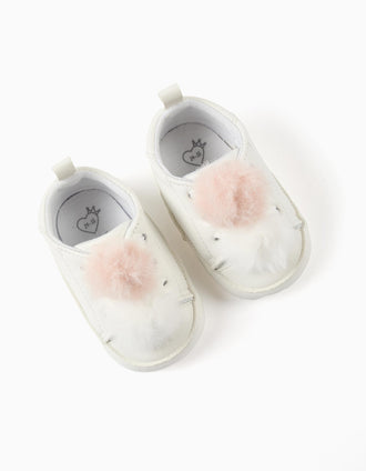 Zapatillas con Pompones para Recién Nacida, Blanco/Rosa