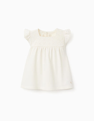 Top com Folhos e Bordado Inglês para Bebé Menina, Branco