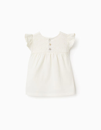 Top com Folhos e Bordado Inglês para Bebé Menina, Branco