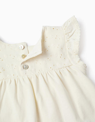 Top com Folhos e Bordado Inglês para Bebé Menina, Branco