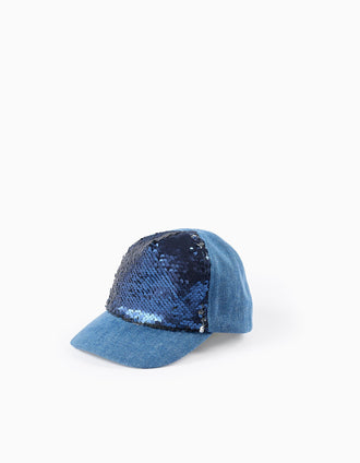 Gorra Vaquera con Lentejuelas Reversibles para Niña, Azul