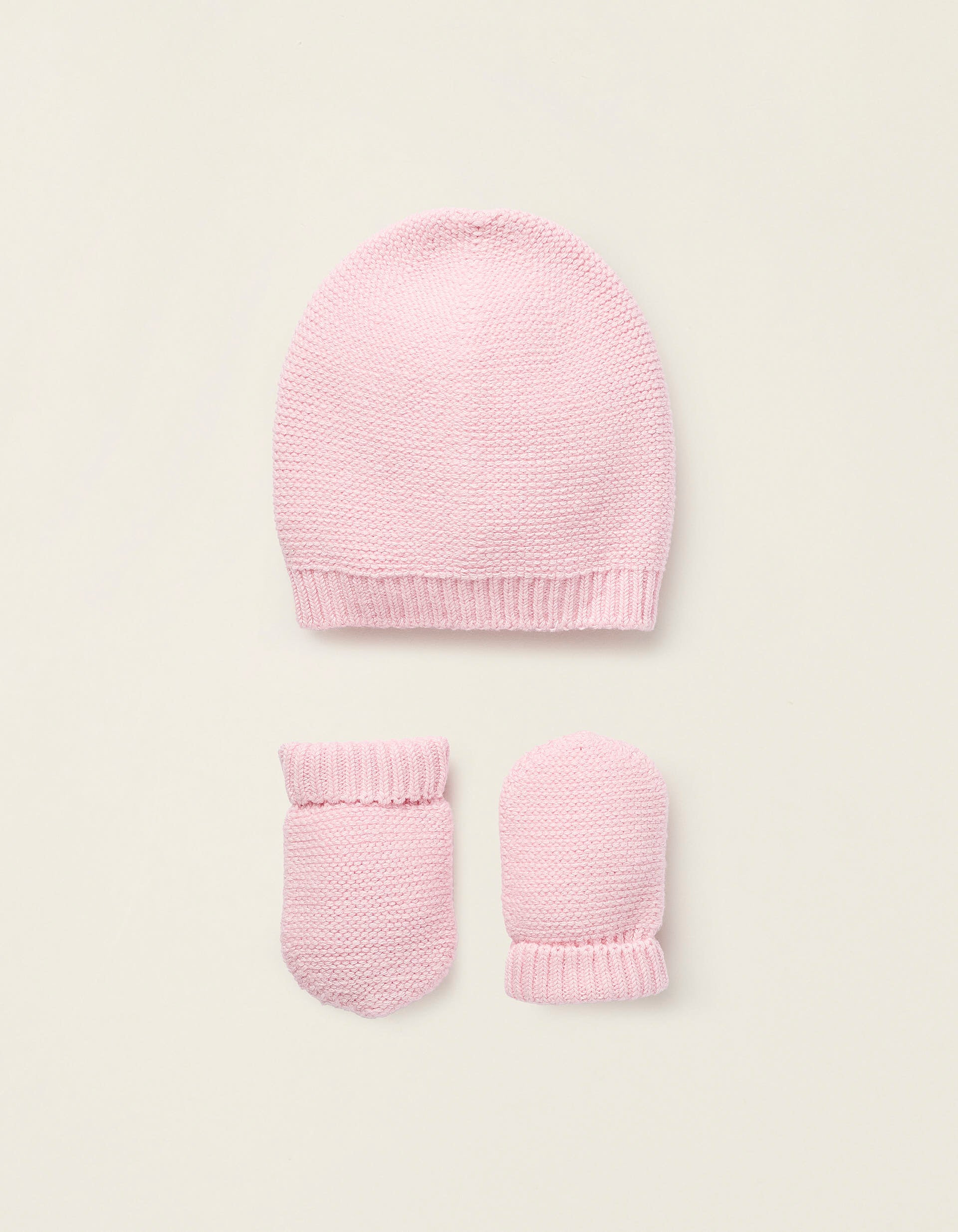 Gorro + Guantes en Punto para Recién Nacido, Rosa