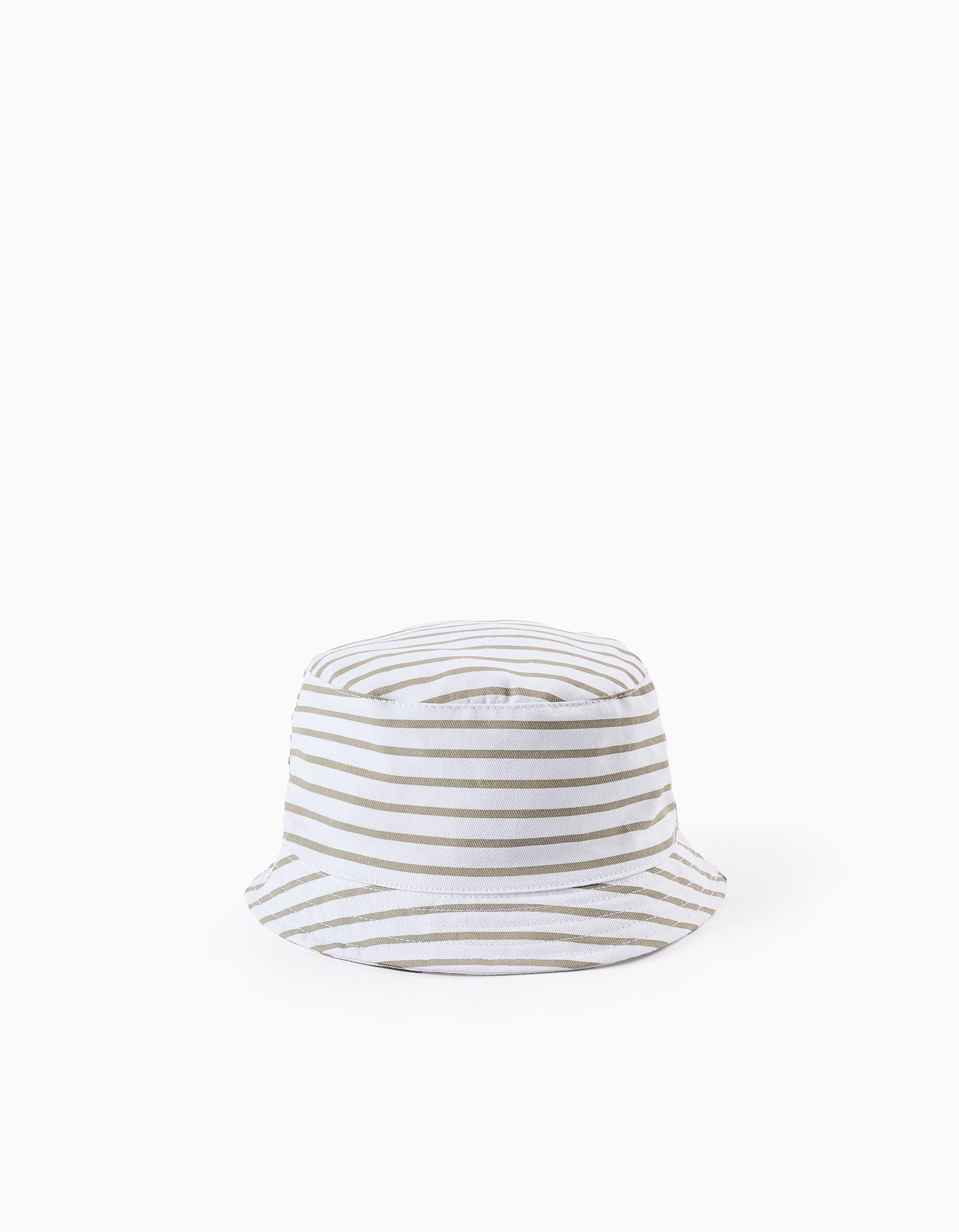 Sombrero de Sarga a Rayas con Tiras Laterales para Recién Nacido y Bebé, Beige/Blanco