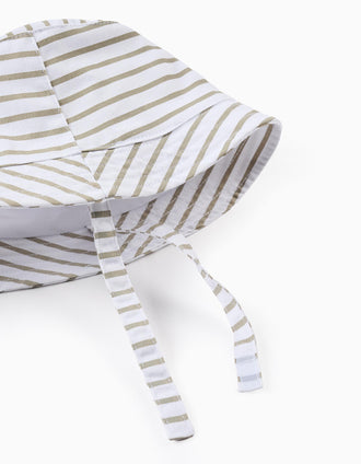 Chapeau en Sergé à Rayures avec Bandes Latérales pour Nouveau-né et Bébé, Beige/Blanc