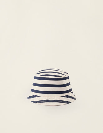Chapeau en Sergé à Rayures avec Bandes Latérales pour Nouveau-né et Bébé, Beige/Bleu