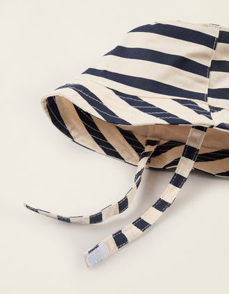 Chapeau en Sergé à Rayures avec Bandes Latérales pour Nouveau-né et Bébé, Beige/Bleu