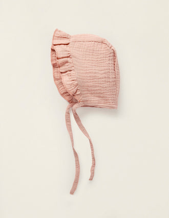 Touca de Bambula em Algodão com Folhos para Recém-Nascida, Rosa