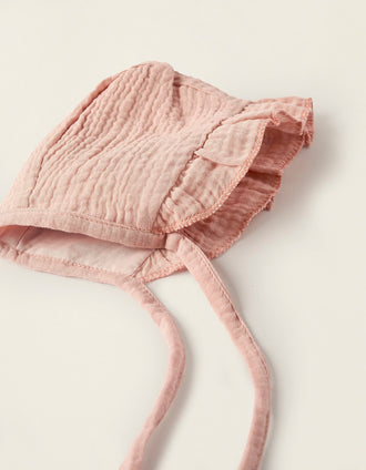 Touca de Bambula em Algodão com Folhos para Recém-Nascida, Rosa