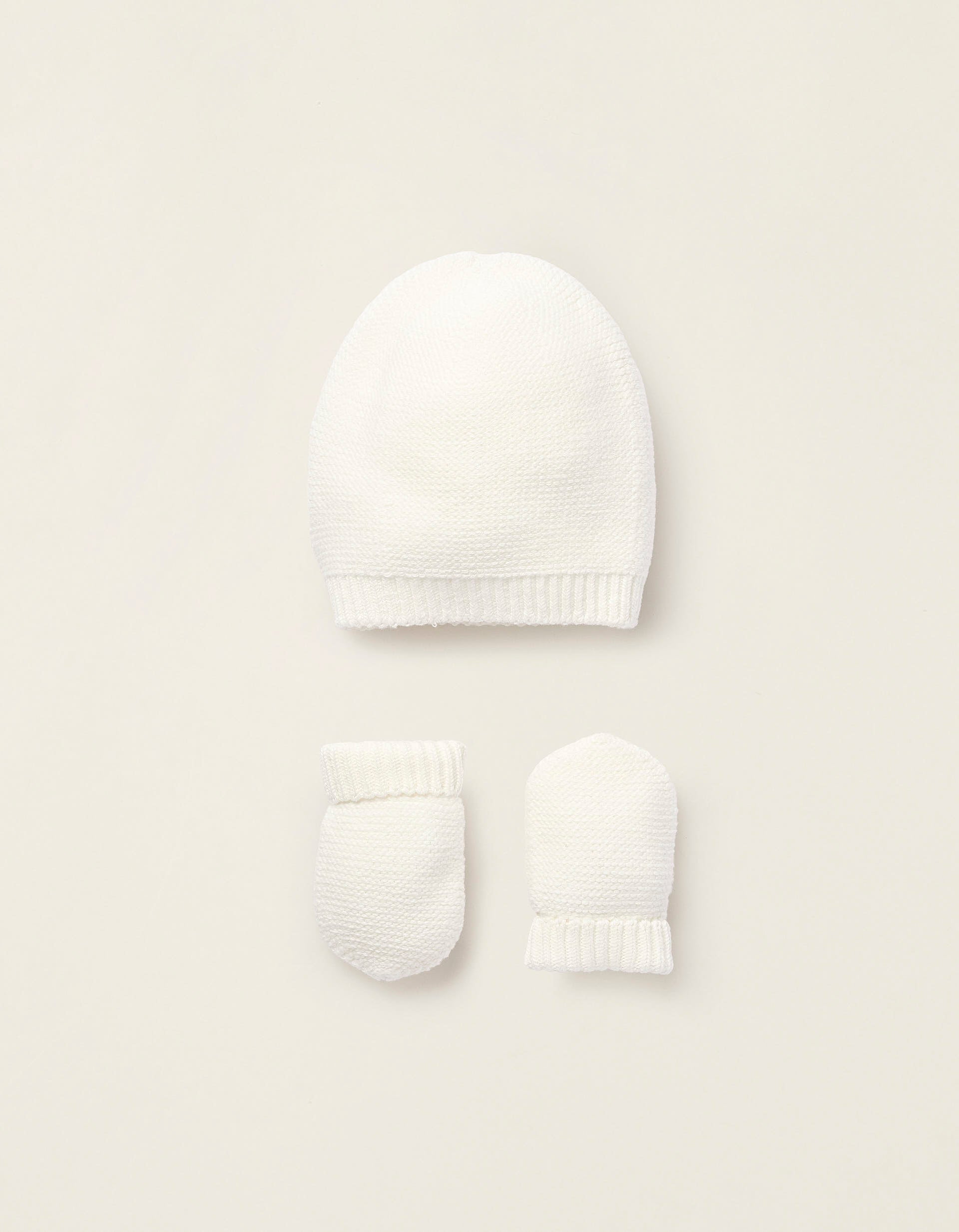 Gorro + Guantes en Punto para Recién Nacido, Blanco