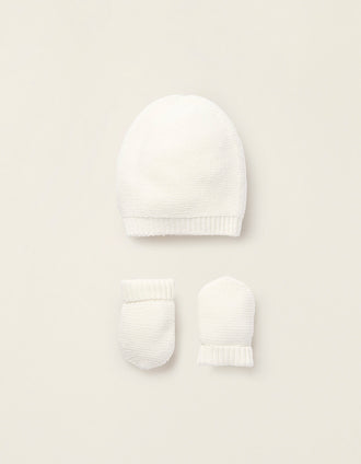 Ensemble Bonnet + Gants en Maille pour Nouveau-né, Blanc