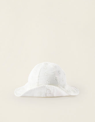 Cotton sun hat with broderie anglaise for newborn girls, white