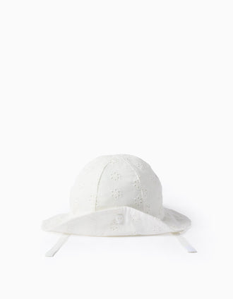 Cotton sun hat with broderie anglaise for newborn girls, white