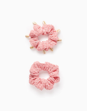 Pack 2 Knitted Openwork Scrunchies with Shells for Babies and Girls, Pink