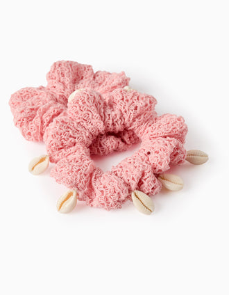 Pack 2 Knitted Openwork Scrunchies with Shells for Babies and Girls, Pink