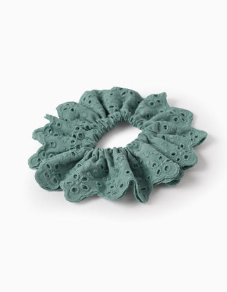 Scrunchie with Broderie Anglaise for Babies and Girls, Aqua Green