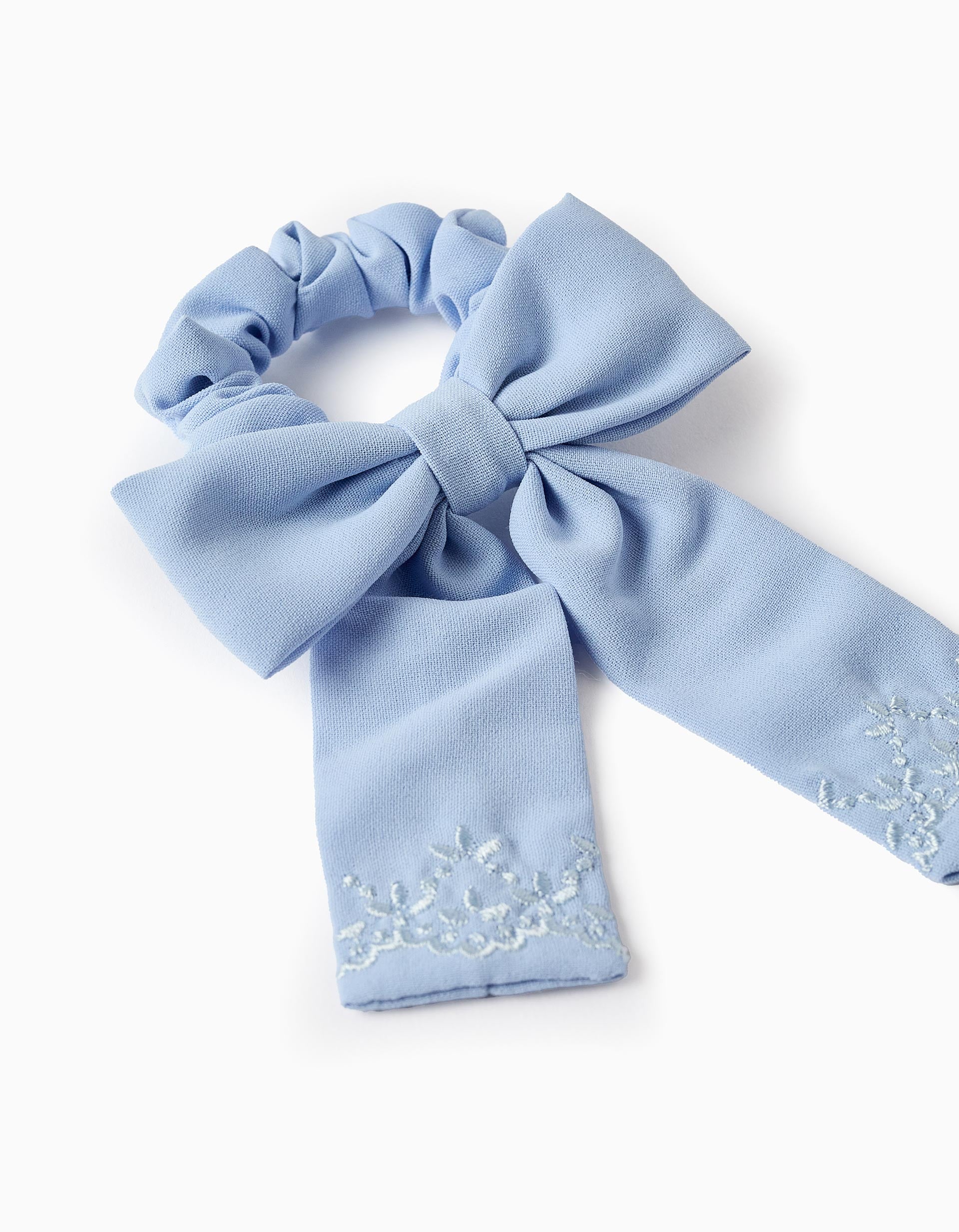 Scrunchie with Bow and Embroidery for Babies and Girls, Light Blue