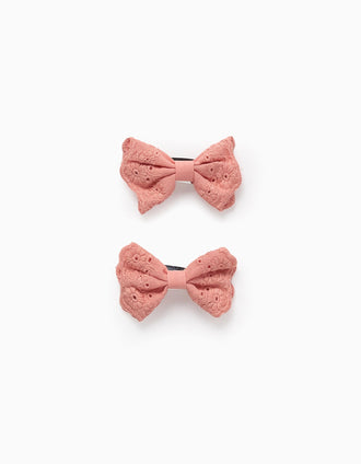 Pack 2 Horquillas con Lazos de Bordado Inglés para Bebé y Niña, Rosa