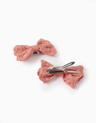 Pack 2 Horquillas con Lazos de Bordado Inglés para Bebé y Niña, Rosa