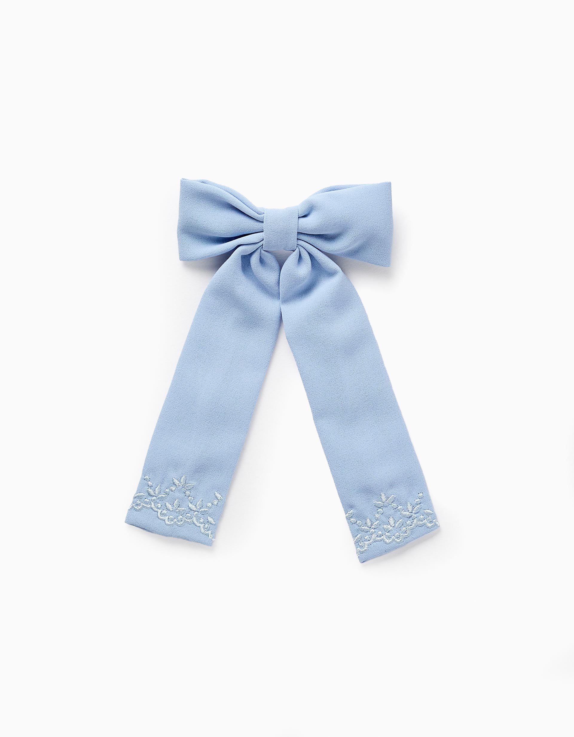 Hair Clip with Bow and Embroidery for Babies and Girls, Light Blue