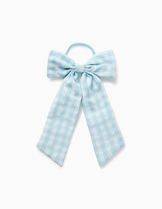 Hair Bobble with Vichy Long Bow for Babies and Girls, White/Light Blue