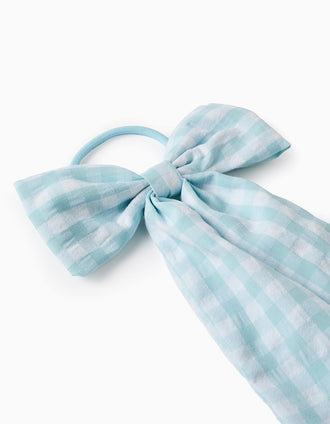 Hair Bobble with Vichy Long Bow for Babies and Girls, White/Light Blue