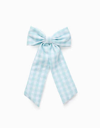 Pasador con Lazo Vichy Largo para Bebé y Niña, Blanco/Azul Claro